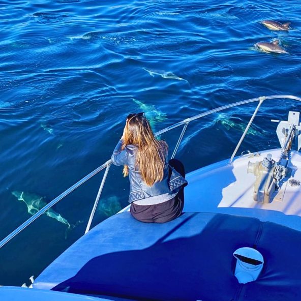 avistamiento de delfines por joven turista